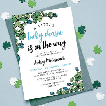lucky charm on the way boy baby shower invitation