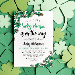 Small Lucky Charm On The Way Green Baby Shower Invitation Front View