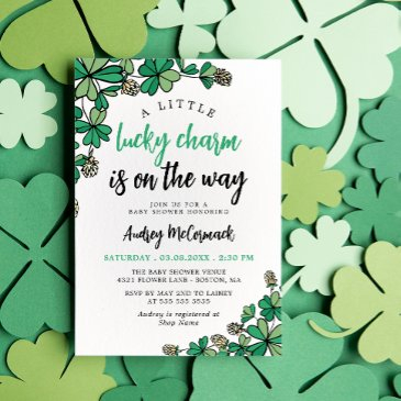lucky charm on the way green baby shower invitation