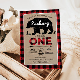 Small Lumberjack Bear Tartan 1st Birthday Woodland Party Invitation Front View