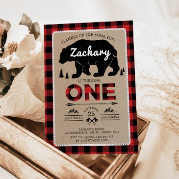 lumberjack bear tartan 1st birthday woodland party invitation