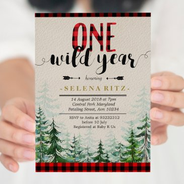 lumberjack red plaid boy first birthday invitation