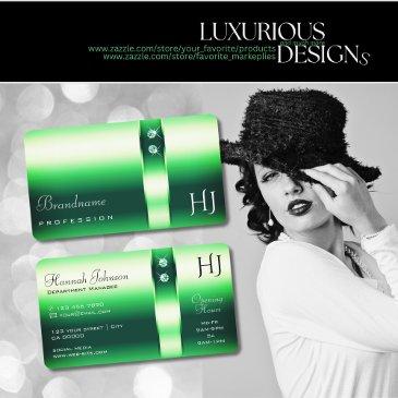 luminous emerald green gradient diamonds monogram business invitations