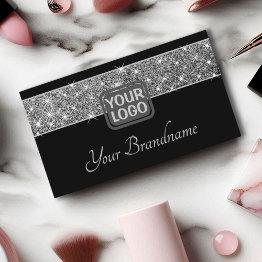 Small Luminous Silver Glitter Sparkle Stars Logo Black Business Invitations Front View