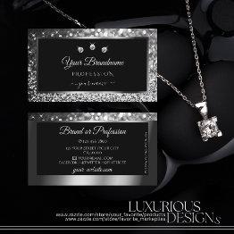 Small Luminous Silver Sparkle Glitter Diamonds Black Business Invitations Front View