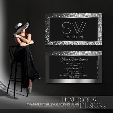 luminous silver sparkle glitter monogram black business invitations