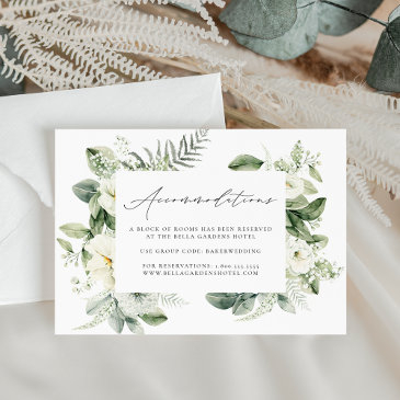 lush white flowers & greenery hotel accommodations enclosure invitations