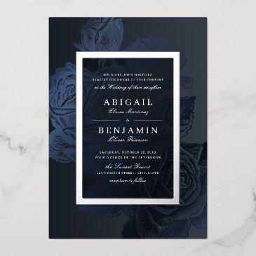 luxe navy blue silver vintage botanical wedding foil invitation