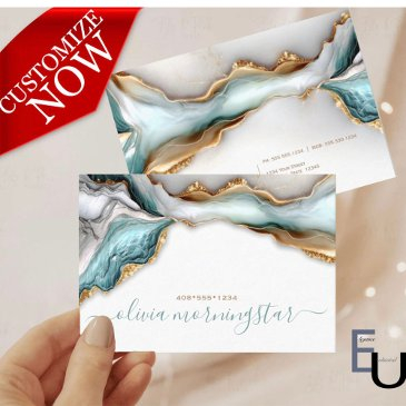 luxe opal teal gold fluid alcohol ink business invitations