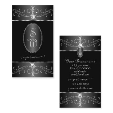 luxe silver black white ornate ornaments initials business invitations