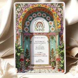 Small Luxurious Floral Arch Art Nouveau Wedding Invitation Front View
