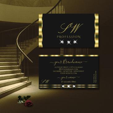 luxurious gold black sparkling diamonds monogram business invitations