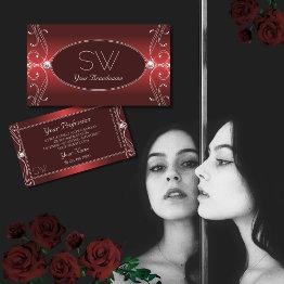 Small Luxurious Red Ornate Sparkling Diamonds Initials Business Invitations Front View
