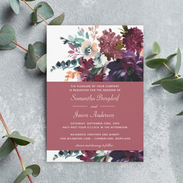 luxurious rose wine watercolor floral wedding invitation