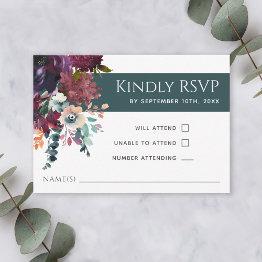 Small Luxurious Teal Elegant Floral Wedding Rsvp Front View