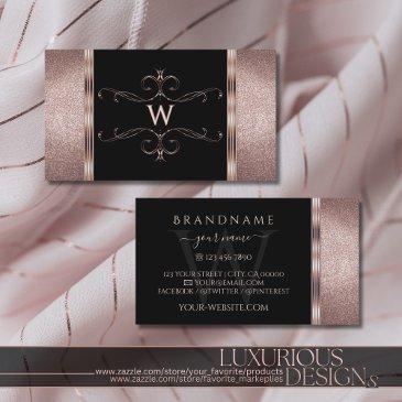 luxury black and rose gold glitter ornate monogram business invitations