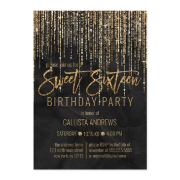 luxury black gold glitter pearl marble sweet 16 invitation