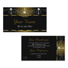 Small Luxury Black Gold Ornate Sparkle Jewels Monogram Business Invitations Front View