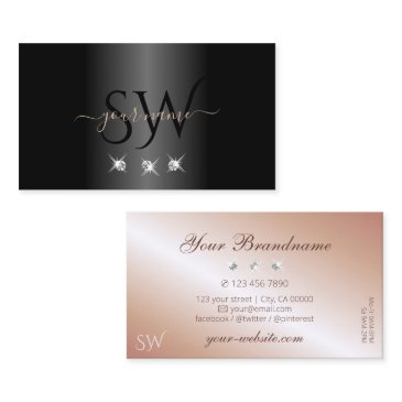 luxury black rose gold sparkling diamonds initials business invitations