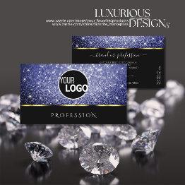 Small Luxury Black Shimmery Royal Blue Glitters Add Logo Business Invitations Front View