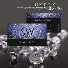Small Luxury Black Shimmery Royal Blue Glitters Initials Business Invitations Front View