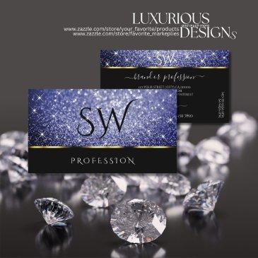 luxury black shimmery royal blue glitters initials business invitations