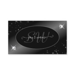 Small Luxury Black Silver Glitter Stars Jewels Initials Business Invitations Front View
