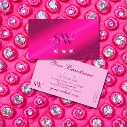 Small Luxury Girly Pink Sparkle Stars Diamonds Monogram Business Invitations Front View