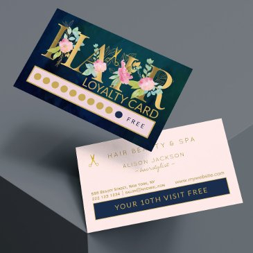 luxury gold foil and navy hair salon loyalty punch business invitations