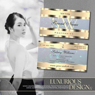 luxury gold light blue pearl glitter and monogram business invitations