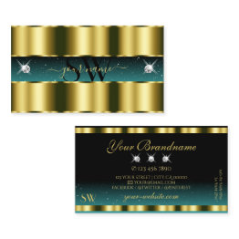 Small Luxury Gold Teal Black Sparkling Diamonds Initials Business Invitations Front View