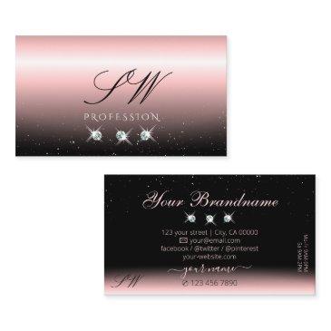 luxury light pink black sparkle diamonds initials business invitations