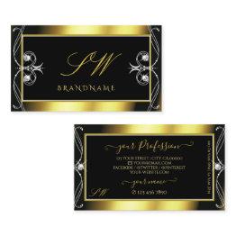 Small Luxury Ornate Black Gold Sparkle Jewels Initials Business Invitations Front View