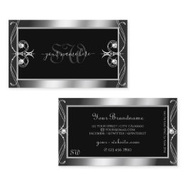 Small Luxury Ornate Black Silver Sparkle Jewels Initials Business Invitations Front View
