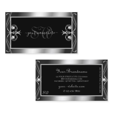 luxury ornate black silver sparkle jewels initials business invitations