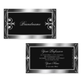 Small Luxury Ornate Black Silver Sparkle Jewels Stylish Business Invitations Front View