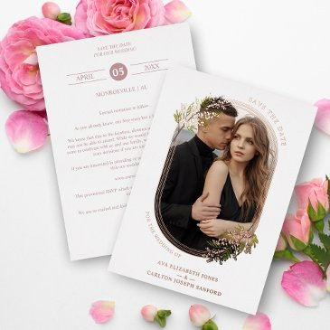 luxury rose gold branches leaves oval frame photo foil invitation