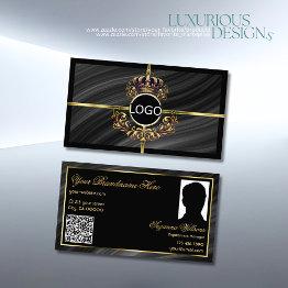 Small Luxury Royal Black Gold Crown Logo Photo Qr Code Business Invitations Front View