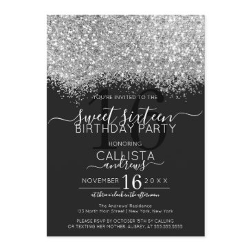 luxury silver black glitter confetti sweet 16 invitation