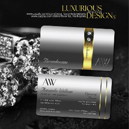 Small Luxury Silver Gold Decor Glamour Jewels Initials Business Invitations Front View