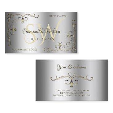 luxury silver shimmer gold ornate corners initials business invitations
