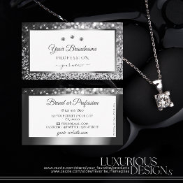 Small Luxury Silver Sparkling Glitter Diamonds On White Business Invitations Front View
