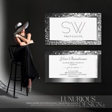 luxury silver sparkling glitter on white monogram business invitations
