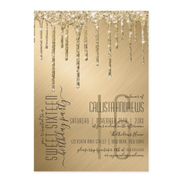 luxury sparkly gold glitter drips sweet 16 invitation