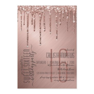 luxury sparkly rose gold glitter drips sweet 16 invitation
