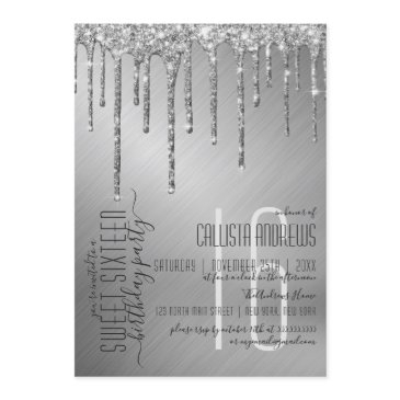 luxury sparkly silver glitter drips sweet 16 invitation