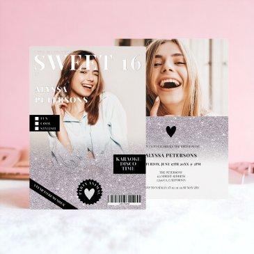 magazine 2 photo lilac silver glitter sweet 16 foil invitation