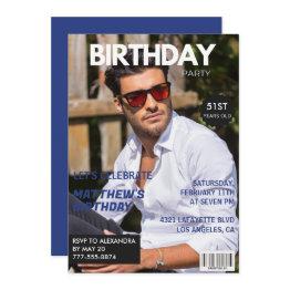 Small Magazine Navy Blue Photo Funny 51st Birthday Invitation Front View