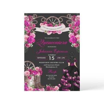 magenta and black cowgirl western quinceanera invitation