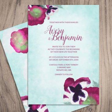 magenta pansies wedding invitation